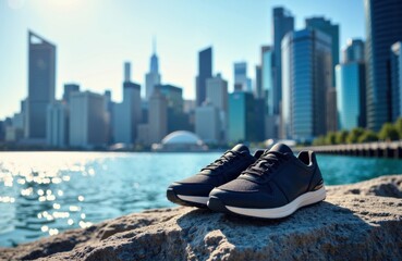 Casual sneakers placed on rocks with a city skyline and waterfront in the background