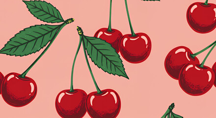 Cherry Illustration with Green Leaves on Light Pink Background for Food or Nature Themes