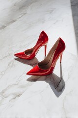 Pair of pointed toe high heel pumps in brilliant red rests upon a marbled surface