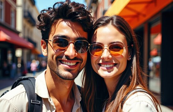 Smiling young couple wearing sunglasses enjoying a sunny day outdoors