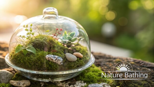 Close up of a glass terrarium featuring moss and plants