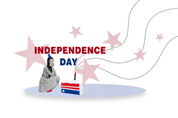 Creative banner poster collage of attractive girl celebrate 4th july with festive cake on white background