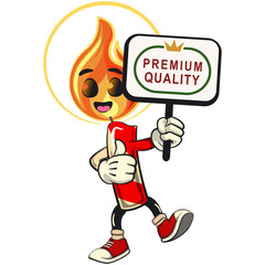 Fototapeta premium cute candle mascot cartoon vector illustration with flame character with a sign board that says premium quality and giving a thumbs up, isolated for holiday and celebration design, work of hand drawn