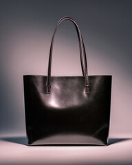 Elegant dark leather tote bag displayed against a softly lit gradient background