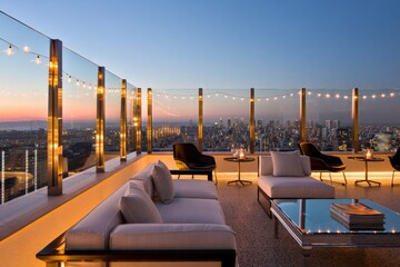 Obraz premium Elegant rooftop lounge at twilight offers stunning city views with ambient lighting and comfortable seating for sophisticated gatherings