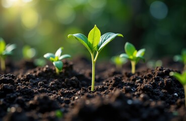 Fototapeta premium Young plant sprouting from rich soil with blurred greenery in the background