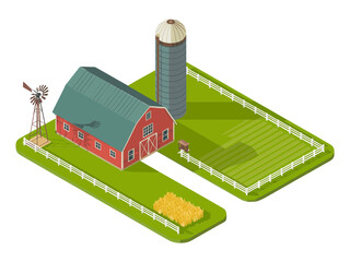 Isometric farmstead landscape, red barn and silo, fenced fields, country road, agricultural homestead, rural agriculture property vector © kdpprosolutions2015