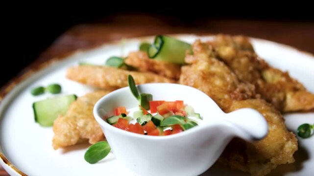 battered fish on a plate, scrolling, restaurant serving with sour cream sauce and herbs. High quality 4k footage