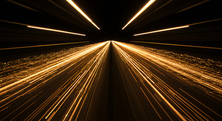 High Speed Light Trails in Dark Tunnel with Bright Gold and White Streaks