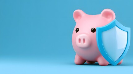 Cute ceramic piggy bank stands ready with a protective shield against a bright blue background