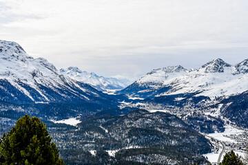 Obraz premium St. Moritz, St. Moritzersee, Muottas Muragl, Piz Julier, Piz Ot, Piz da la Margna, Seenplatte, Stazerwald, Stazersee, Oberengadin, Alpen, Graubünden, Winter, Wintersport, Winterlandschaft, Schweiz