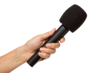 A hand holds a black microphone against a plain background, ready for use in interviews or presentations.