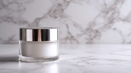Clear cosmetic jar containing white cream rests on a polished marble surface with a matching backdrop.