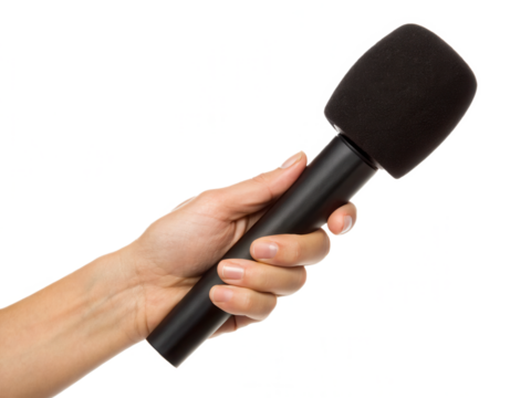 A hand holds a black microphone against a plain background, ready for use in interviews or presentations.