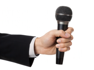 A hand holding a microphone, showcasing a formal grip suitable for public speaking or performance.