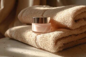 Small glass jar of beauty cream rests atop folded beige textile for spa relaxation