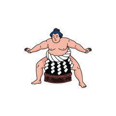 A cartoon illustration of a Japanese sumo wrestler in a traditional mawashi loincloth and topknot, assuming a powerful pre-match stance on a white background.