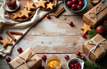 Festive holiday scene with wrapped gifts, cookies, berries, and cinnamon sticks on rustic wooden table
