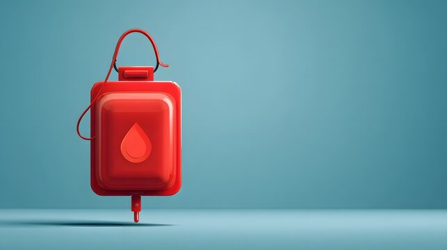 Stylized red fluid container with droplet symbol rests against a cool blue background
