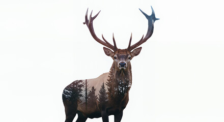 Majestic Deer with Large Antlers Standing in Bright White Background