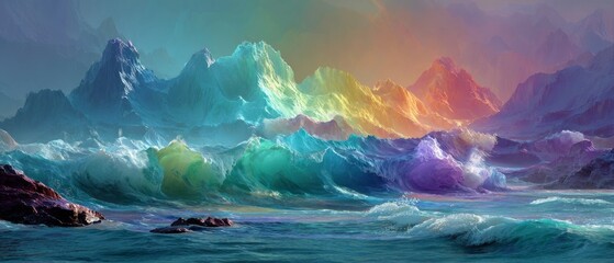 Towering ocean waves crash below dramatically illuminated, multicolored mountain peaks under an atmospheric sky