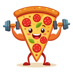 Vector PNG of a pizza slice with pepperoni muscles, lifting weights, symbolizing strength, fitness, and flavor, perfect for health-food branding, sports nutrition, or fun fitness content