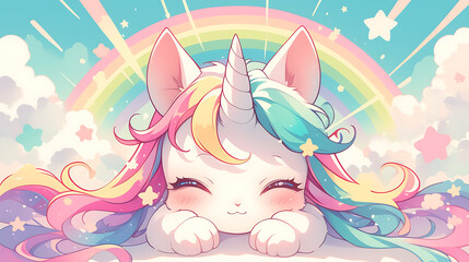 Obraz premium Cute cartoon cat with rainbow bangs and horns, free vector