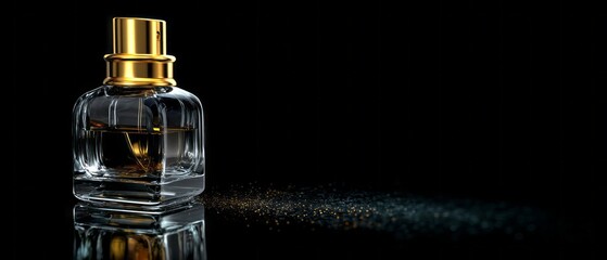 Elegant glass fragrance bottle with a gold dispenser rests on a dark reflective surface against a black background.
