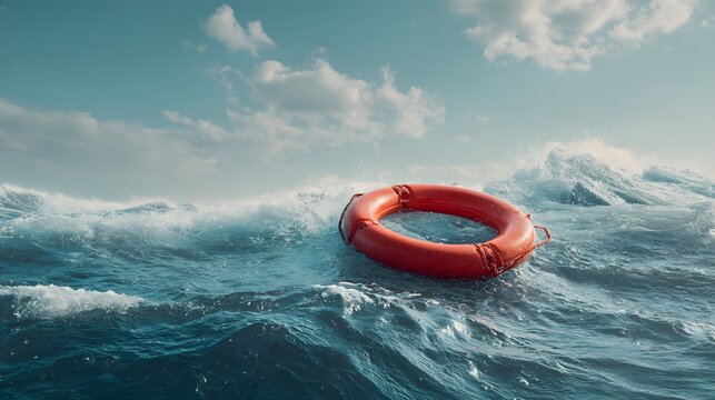Brightly colored flotation device bobs amid turbulent ocean swells under a partly cloudy sky.