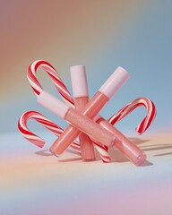 Several tubes of shimmering pink cosmetic product arranged with striped holiday sweets
