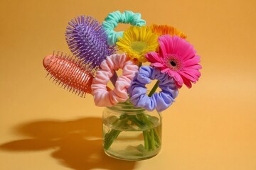 Colorful collection of hair accessories and blossoms arranged creatively in a clear vessel