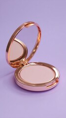 Round compact mirror with pressed face powder rests on a pastel purple surface