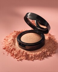 Compact cosmetic setting product rests open upon a scattering of finely milled powder