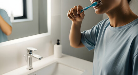 Woman Brushing Teeth in Bathroom Mirror Dental Hygiene