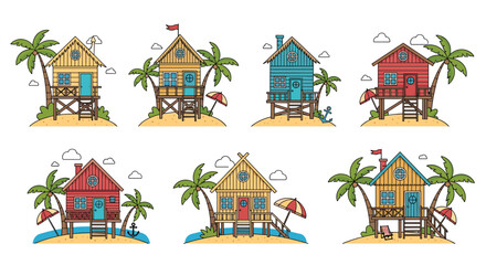 Colorful Beach Huts with Palm Trees Illustration Set.