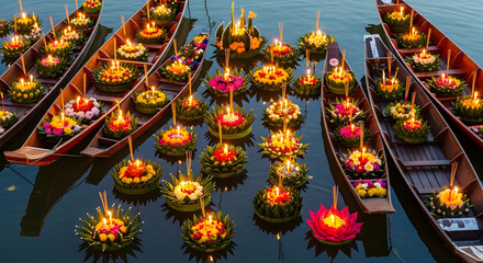 Fototapeta premium Beautiful floating lanterns and traditional boats illuminate the water during a tranquil nighttime cultural festival celebration
