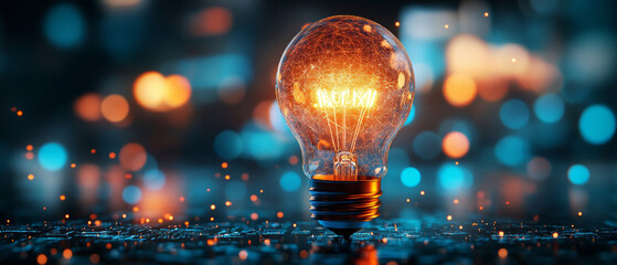 A glowing bulb with a grid inside against a background of blurred lights - perfect for articles about technology, innovation and creative projects.