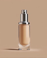 Glass dispenser bottle containing cosmetic liquid stands against a neutral background
