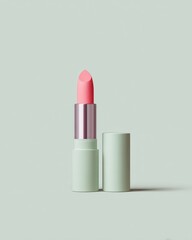 Open tube of cosmetic lip color with a soft pink shade resting on a muted background