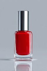 Single container of vibrant red cosmetic liquid stands centered against a neutral background