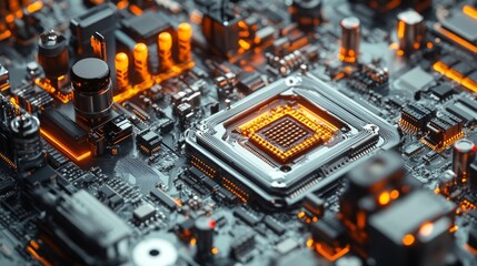 Close-up of a backlit chip on a printed circuit board surrounded by electronic components.
Useful for publications about high technologies, innovations in electronics,  