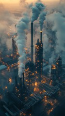 Industrial complex with chimneys with smoke billowing from them, top view on sunset sky.
Raises the topic of pollution, industrial emissions and environmental issues in news,  