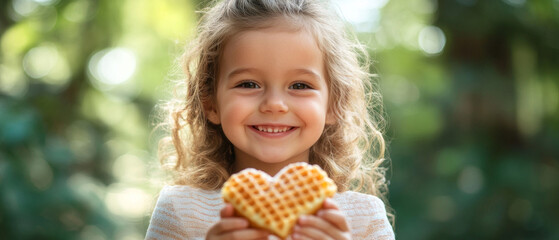 Girl with a smile and heart shaped waffle on green nature background.
Suitable for articles about children, summer fun, family picnics or joyful moments