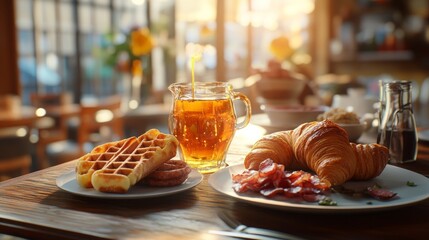Cosy breakfast in a sunny cafe: a cup of aromatic tea, waffles and croissants on a wooden table.
Suitable for articles about healthy eating, morning traditions, breakfast recipes or cafe design.