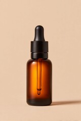 Small amber glass dropper bottle stands against a simple light background