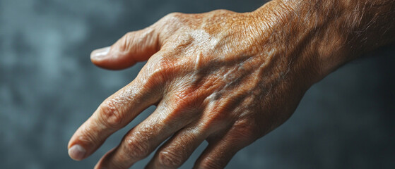 The hand of an elderly person with pronounced wrinkles and pigment spots, symbolises age and wisdom. Suitable for medical and social projects about ageing.