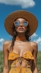 Girl in a brightly coloured swimming costume and hat with mirrored glasses reflecting clouds against a green field. Perfect for summer collections of clothes and accessories.