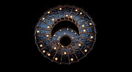 Obraz premium Illuminated abstract geometric sphere shape with warm glowing lights against a dark black background