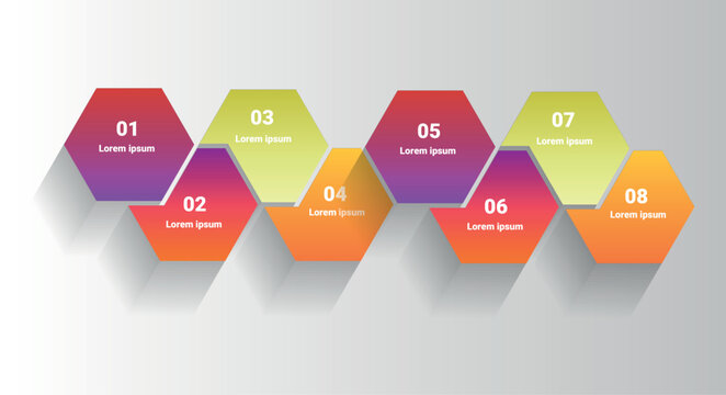 8 step infographic with colorful hexagon shapes and soft shadows on a light background. Perfect for process charts, business presentations, and data visualization.