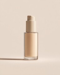 Dispenser bottle containing beige cosmetic liquid rests against a softly lit neutral background